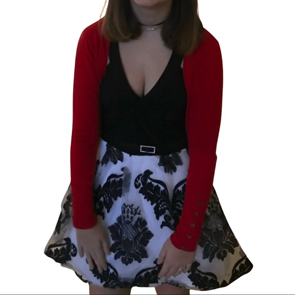 Crystal Doll Black & White Floral Velvet Fit & Flare Dress - Picture 10 of 12